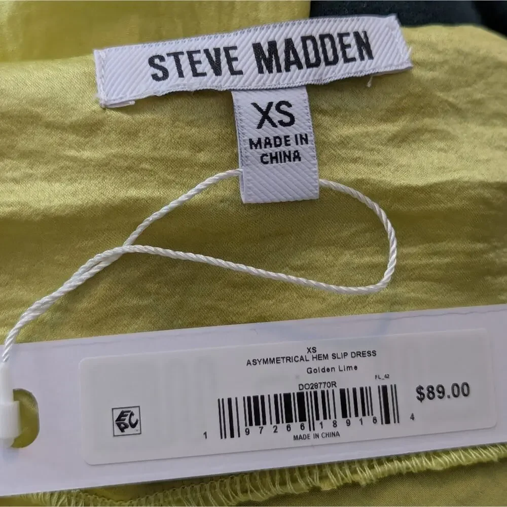 NWT Steve Madden Luxe Satin Asymmetric Hem Drapey Green Yellow Slip Dress, Sz XS - Picture 6 of 7